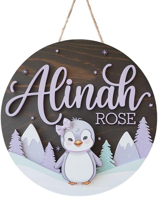 Personalized Name Sign for Nursery, Penguin Sign for Baby Door Decor, Newborn Gifts for Girl, Girls Nursery Wall Bedroom Decorations, Mother's Day Gifts for New Mom Dad Gift