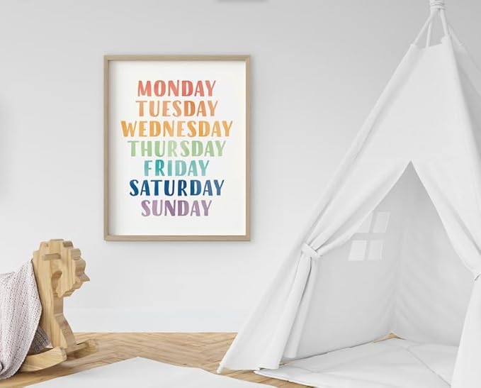 OZCONO Rainbow Days Week Poster, Colorful Learning Chart Kids, Preschool Wall Decor Art, Homeschool Education Guide (Unframed) (11x14)