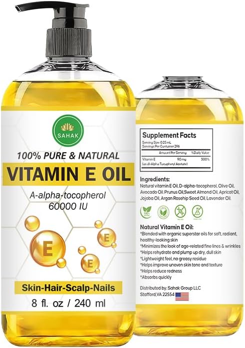 Vitamin E Oil 60,000 IU – Organic & Pure E-Oil Blend for Skin, Hair & Nails | Natural Body Oil with Vitamin E for Stretch Marks, Scars & Face Moisturizing – 100% Liquid Vitamin E Skin Care