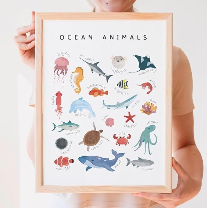 OZCONO Ocean Animals Learning Poster, Vibrant Sea Life Chart Kids, Preschool Wall Decor Art, Homeschool Education Guide (Unframed) (12x18)