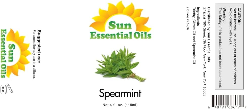 Sun Organic Spearmint Essential Oil 4 Fluid Ounces for Diffuser, Spearmint Aromatherapy and Candles