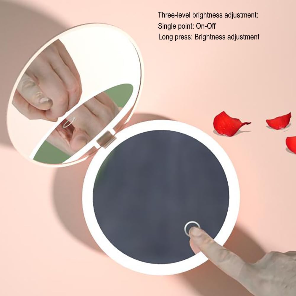 MONKEY SUN LED Mini Makeup Mirror, Compact Folding Travel Mirror with Touch Control, Round (Pink, 3.5 inch)
