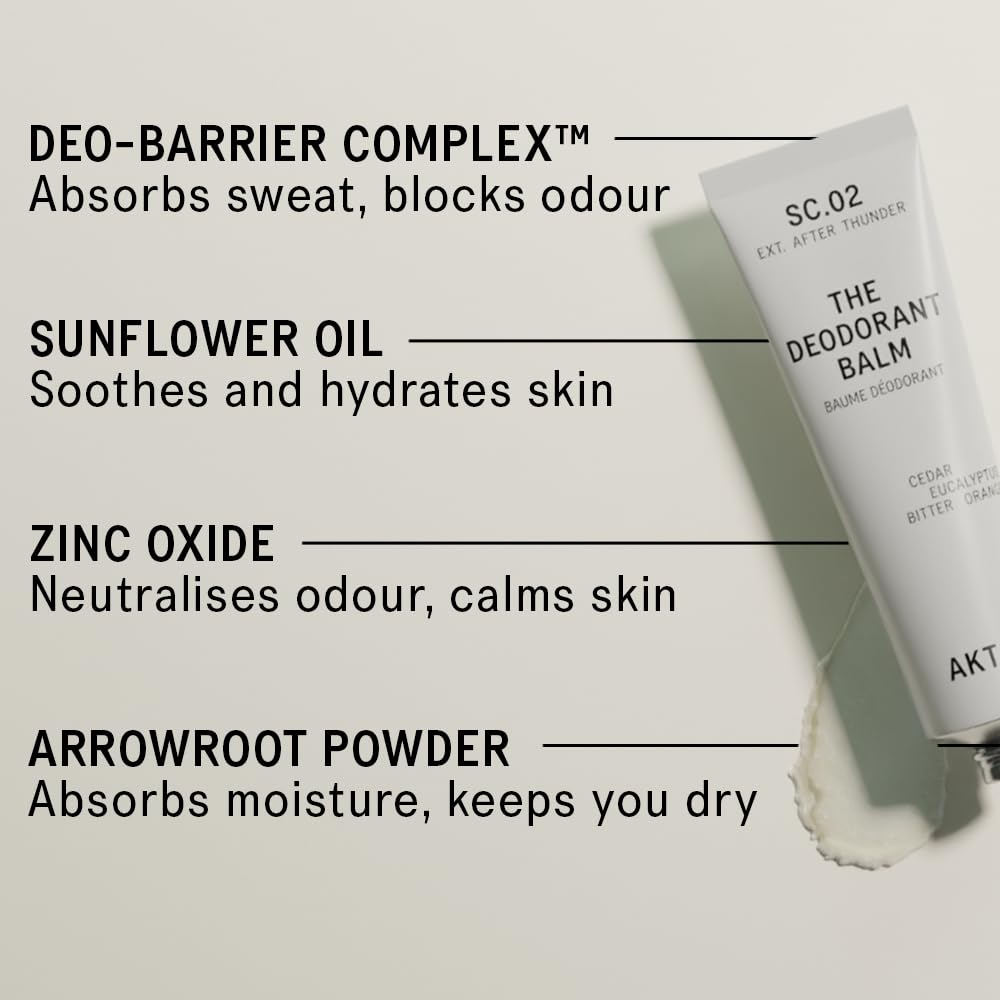 AKT, THE DEODORANT BALM. Award winning, multi-use, natural deodorant. Plastic Free. Gender Free. Aluminium Free. 100% effective — 1 tube lasts up to 3 months. SC.02 AFTER THUNDER. 50ml/1.76 FL.OZ