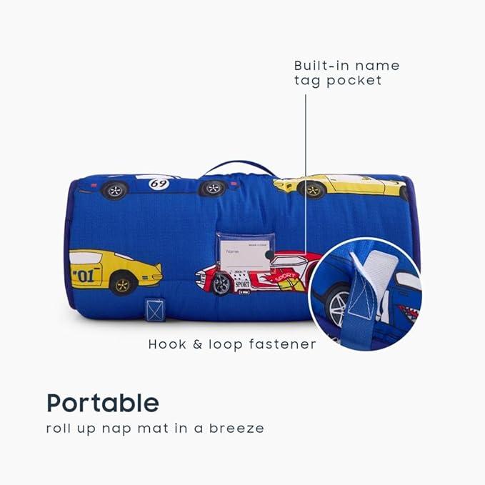 Wake In Cloud - Toddler Nap Mat with Pillow and Blanket, for Kids Boys Ages 3 Plus in Kindergarten Daycare Preschool, Roll Up Sleeping Bag, Race Cars Vehicles