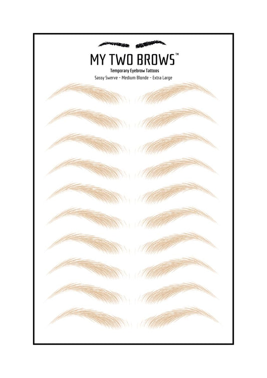 (10 pairs) Medium Blonde Temporary Eyebrow Tattoo - Extra Large Size - Waterproof & Smudgeproof - Sassy Swerve Style Eyebrow Stickers - Sheet Lasts up to 30 Days - Won't Work on Existing Brows