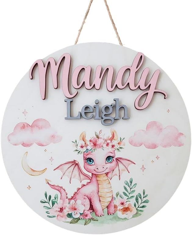 Personalized Wooden Name Signs for Nursery, Pink Dragon Sign for Baby Door Decor, Newborn Gifts for Girl, Girls Nursery Wall Bedroom Decorations, Mother's Day Gifts for New Mom Dad Gift