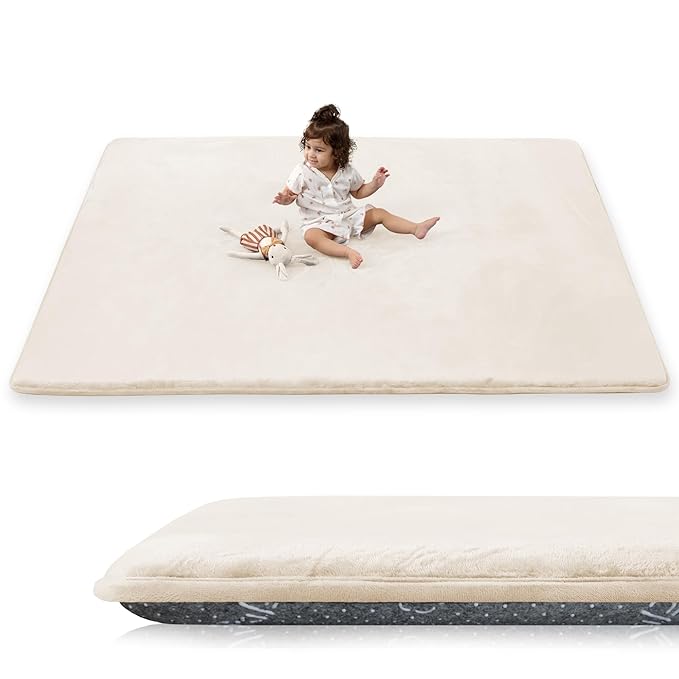 1.5" Super Thick Baby Play Mat for Floor, 79x118 Pro Soft Flannel Foam Mats for Toddler Infant Kids Crawling for Nursery Rug Playroom Living Room Waterproof Easy Care Non-Slip (Beige)
