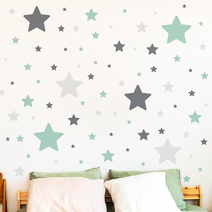 Stars Wall Stickers Removable, Vinyl Stars Wall Decals Peel and Stick, Green and Grey Tone Stars Wall Stickers for Living Room Decoration