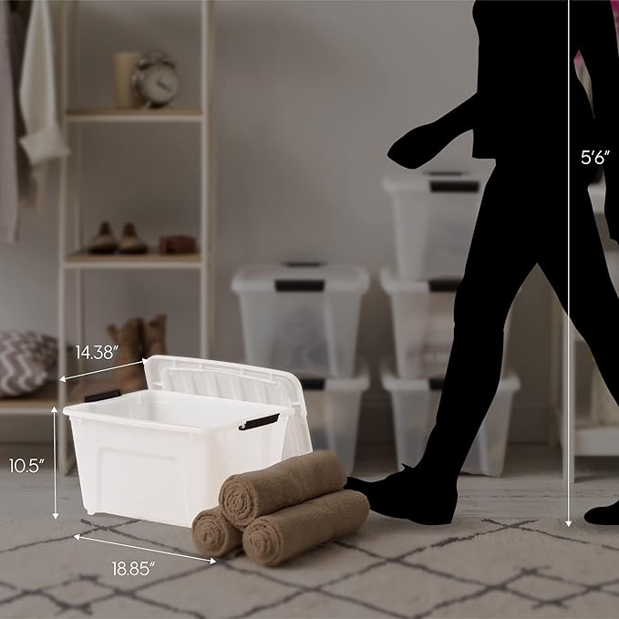 IRIS USA 32 Qt Stackable Plastic Storage Bins with Lids, 6 Pack - BPA-Free, Made in USA - Discreet Organizing Solution, Latches, Durable Nestable Containers, Secure Pull Handle - Pearl