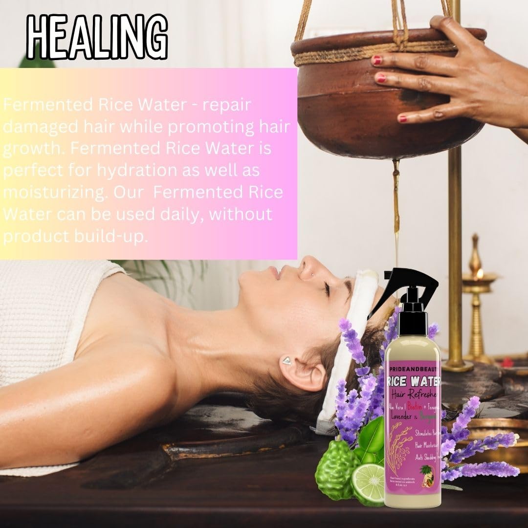 NEW Fermented Rice Water for Hair Growth - Infused with Rosemary, Biotin, Caffeine, Keratin Vegan Non-Greasy Spray Naturally Thicker, Longer, Softer Men & Women (8 OUNCES, Lavender Bergamot)