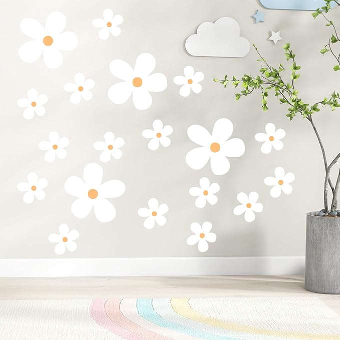 12 Sheets Daisy Wall Decals, Classic White Daisy Flowers Wall Stickers, Vinyl Peel and Stick Floral Decor, Large Floral Nursery Bedroom Living Room Decor for Kids Girls Teens