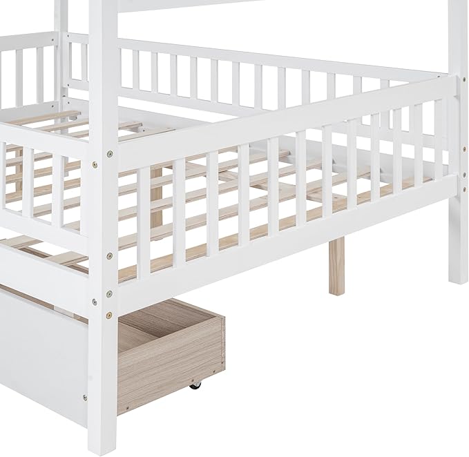 Full House Bed with 2 Storage Drawers, Kids Full Bed Frame with Rails and Roof, Tent Bed, Wooden Full Daybed, Full Montessori Bed for Kids Teens Girls & Boys, No Box Spring Needed (White)