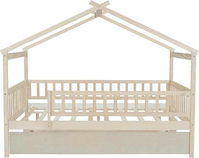 Harper & Bright Designs Full House Bed with Trundle, Kids Platform Frame Rails and Roof, Tent Bed, Wood Playhouse Montessori for Teens Girls Boys, No Box Spring Needed (Natural)