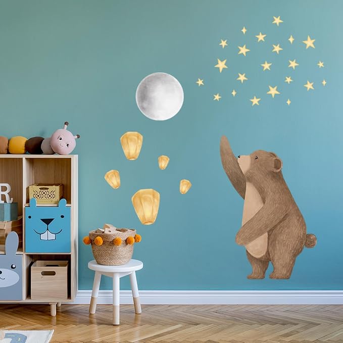 Cute Bear Wall Decals with Moon & Stars - Removable Nursery Wall Stickers for Baby Kids Room, Waterproof Animal Wall Art Decor, Easy to Apply Bedroom Living Room Playroom Murals
