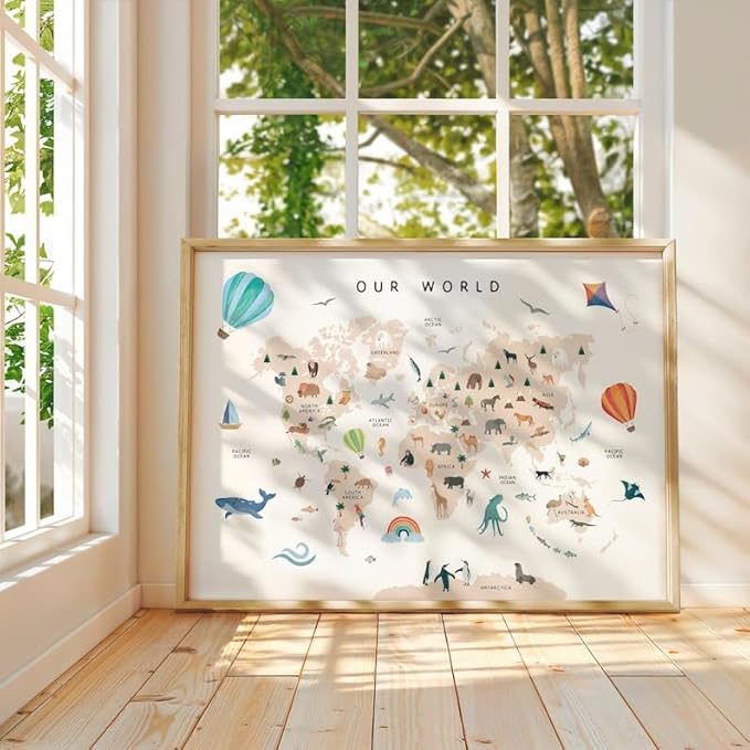 OZCONO Animal World Map Poster, Kids Educational Geography Decor, Safari Animals Nursery Art, Montessori Learning Wall Print (Unframed) (12x18)