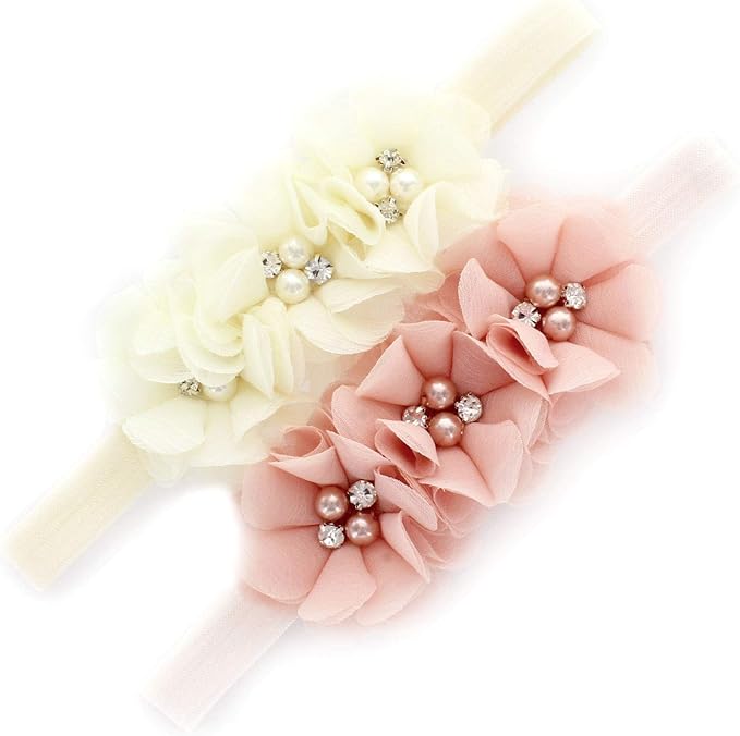 My Lello Flower Headbands Baby - Girls - Toddler Fabric Beaded Stretchy Elastic Pair