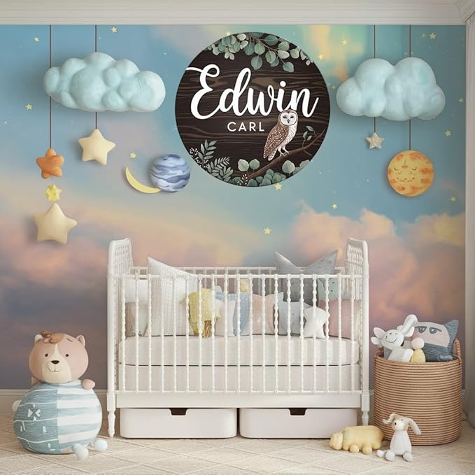 Personalized Name Sign for Nursery, Owl Sign for Baby Door Decor, Newborn Gifts for Boy, Boys Nursery Wall Bedroom Decorations, Mother's Day Gifts for New Mom Dad Gift