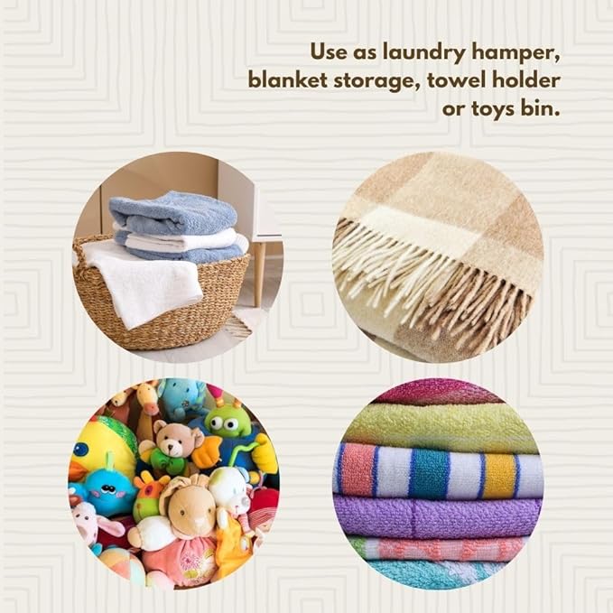 Tall Large Decorative Wicker Storage Basket with Lid, Laundry Hamper, Blanket Storage, Toys Bin, Clothes Holder, Boho Style (Yellow White)