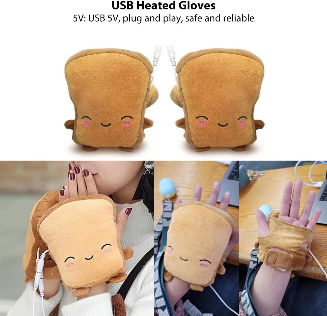 USonline911 USB Hand Warmer Heated Gloves Cute USB Heated Gloves, Half Wearable 5V USB Powered Toast Fingerless Hand Warmer
