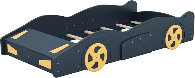 SOFTSEA Twin Car-Shaped Platform Bed with Storage and Wheels, Twin Race Car Bed Frames with Storage for Kids, No Box Sping Needed, Black+Yellow