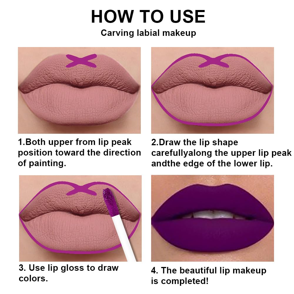 evpct 2Pcs Purple Matte Liquid Lipstick Lip Gloss Stain and Retractable Lip Liner Makeup Set for Women Long Lasting Waterproof 24 Hours Permanent Lipstick labial mate larga duracion 24 52#