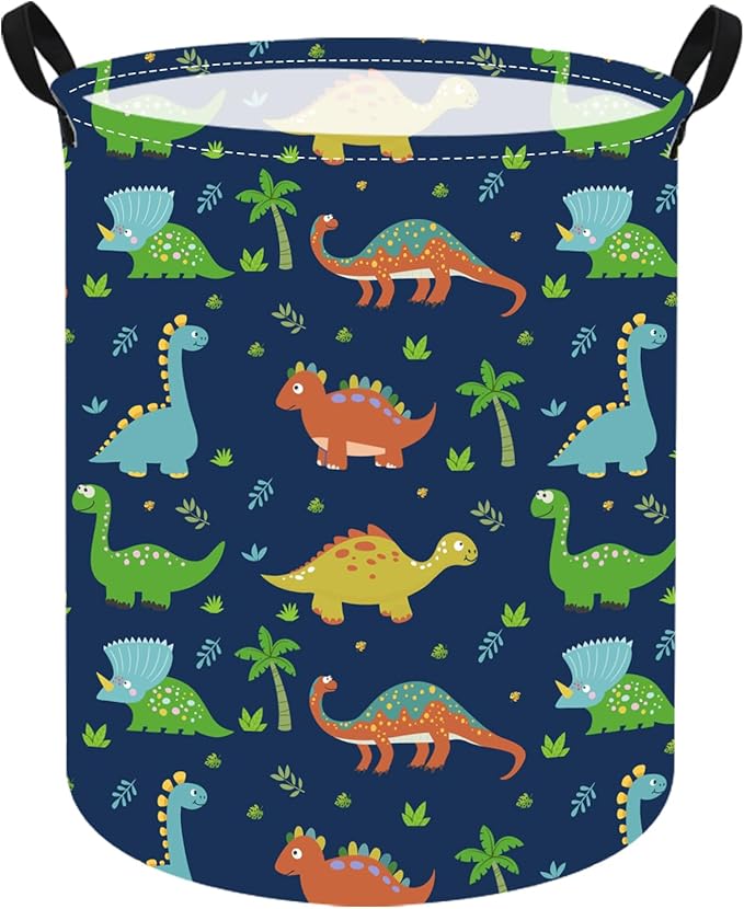 KUNRO Round Dinosaur Laundry Gift Basket Storage Hamper, Kids Toys and Clothes Storage Organizer Bins, Toy Shelf Basket with Handles for Room Decor