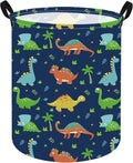KUNRO Round Dinosaur Laundry Gift Basket Storage Hamper, Kids Toys and Clothes Storage Organizer Bins, Toy Shelf Basket with Handles for Room Decor