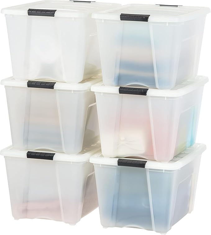 IRIS USA 54 Qt Stackable Plastic Storage Bins with Lids, 6 Pack - BPA-Free, Made in USA - Discreet Organizing Solution, Latches, Durable Nestable Containers, Secure Pull Handle - Pearl