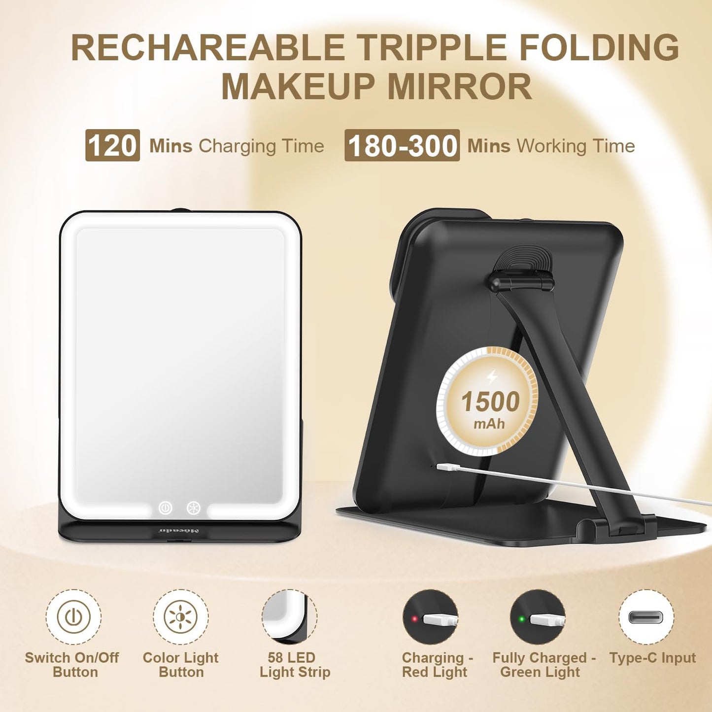 Mocado Travel Makeup Mirror with Light, Tripple Folding Vanity Mirror with Lights, 3 Colors Lighted Makeup Mirror, 1500mAh Rechargeable, Memory Function, Freely Adjust Height and Angle(Black)