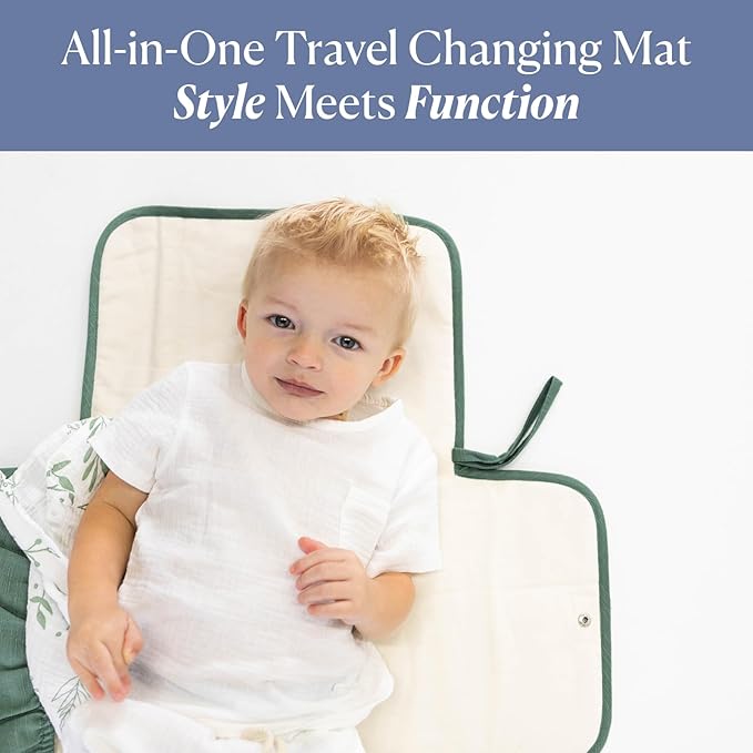 Toddlekind Mini Maven Portable Changing Pad – Organic Cotton & Water-Resistant Polyester – Travel-Friendly, Foldable Change Mat – Forest Green Stripes with Wave Stitching – Chic, Durable, Easy Clean