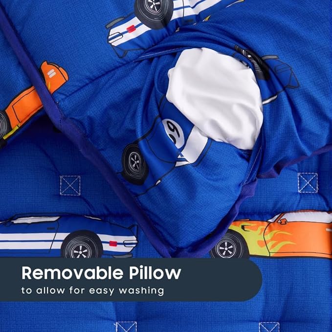 Wake In Cloud - Toddler Nap Mat with Pillow and Blanket, for Kids Boys Ages 3 Plus in Kindergarten Daycare Preschool, Roll Up Sleeping Bag, Race Cars Vehicles