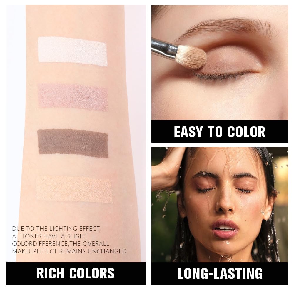 4 Colors Beige Nude Brown Pink Yellow Eye Shadow Powder Palette Makeup, Neutral Travel Matte Shimmer Creme QuadsEyeshadow Palette for Women Highly Pigmented Waterproof, paleta de sombras de ojos 01