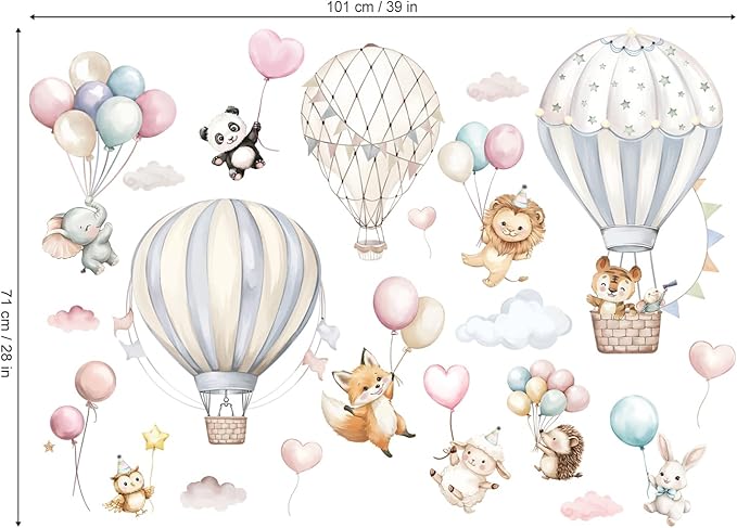 Cartoon Hot Air Balloons Wall Stickers Animals Self Adhesive Non-Toxic Wall Decals for Kids' Bedroom Living Room