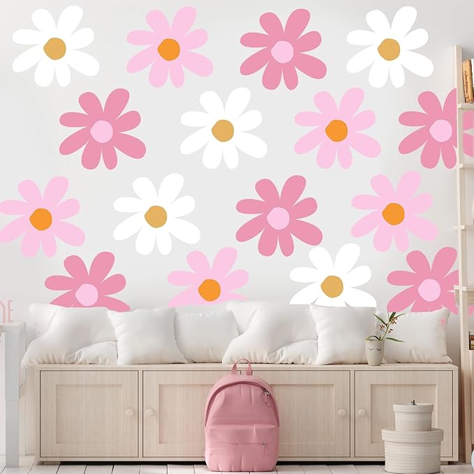 TaoBary 12 Sheets Daisy Wall Decal Flower Wall Sticker Cute Daisy Sticker Pink White Flower Decal Peel and Stick Floral Wallpaper for Nursery Bedroom Home Decor(Classic Color,Delicate Style)