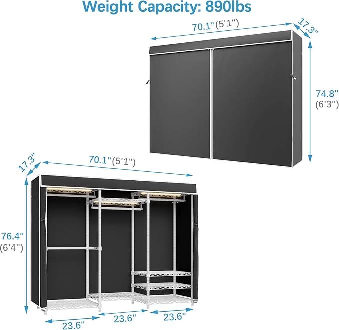 VIPEK V5LC Garment Rack Heavy Duty Covered Clothes Racks with Dimmable LED Light, 3000K Warm White, Portable Closet Wardrobe Freestanding Clothing Rack for Hanging Clothes, White Rack with Black Cover