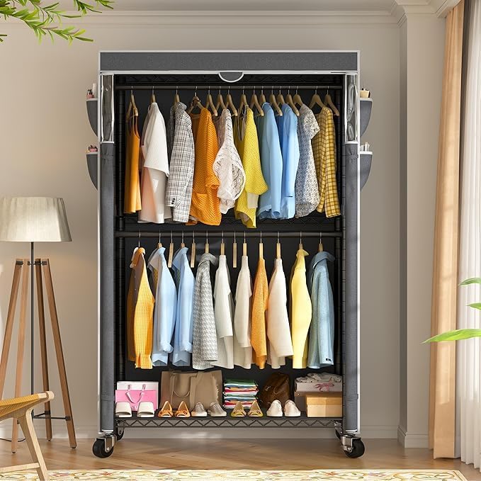 Raybee Rolling Clothes Rack with Cover Clothing Racks for Hanging Clothes Heavy Duty Portable Closet with Wheels Garment Rack 35.5" W*15.7" D*79 "H Black