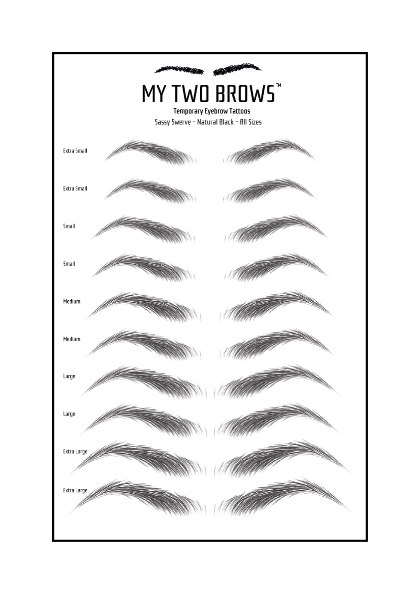 (10 pairs) Natural Black Temporary Eyebrow Tattoo - Extra Large Size - Waterproof & Smudgeproof - Sassy Swerve Style Eyebrow Stickers - Sheet Lasts up to 30 Days - Won't Work on Existing Brows