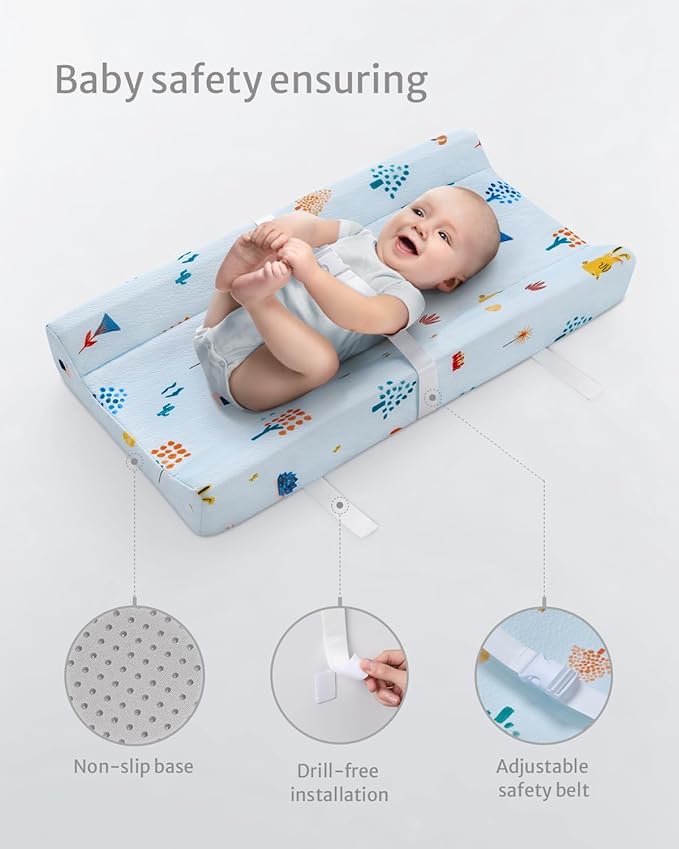 Blissful Diary Baby Changing Pad with Waterproof Lining Foam, Includes a Soft & Washable Cover, Contoured Changing Table Pads for Dresser Top with Non-Slip Bottom, 32”×16” (Blue, Rectangular)