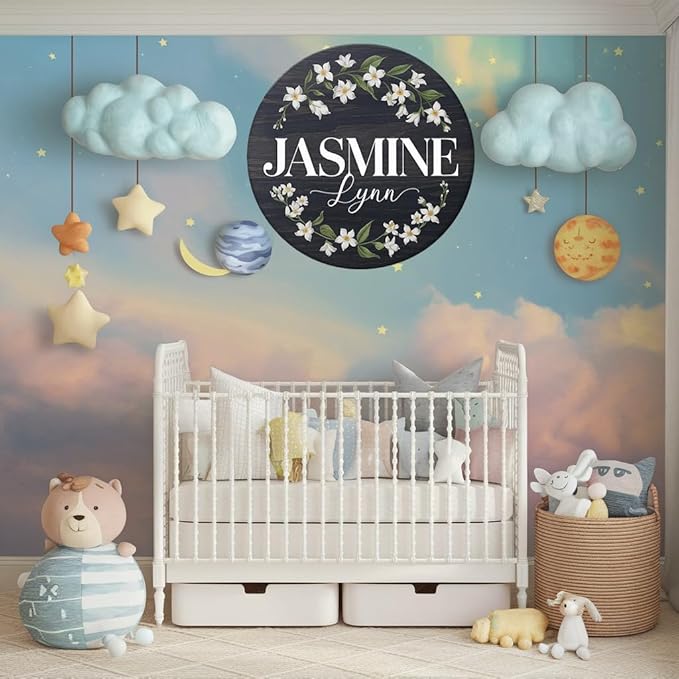 Personalized Name Sign for Nursery, Jasmine Sign for Baby Door Decor, Newborn Gifts for Baby Girl, Girls Nursery Wall Bedroom Decorations, Mother's Day Gifts for New Mom Dad Gift