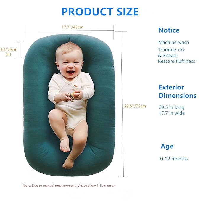 Baby Lounger 0-24 Months 100% Cotton-Snuggle Cozy Me Lounger,Soft & Breathable Tummy Time Mat for Newborn Infant Play Mat,Babies Essentials Gifts,Green(Lounger Cover Included)