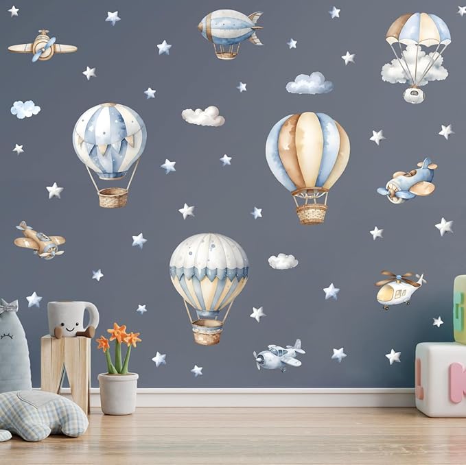 Watercolor Hot Air Balloon Wall Stickers, Hot Air Balloon Airplane Clouds Vinyl Wall Decals, Removable DIY Wall Art for Kids Bedroom Playroom Toddler Room Decor