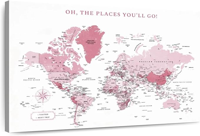 ElephantStock - Places You'll Go Push Pin World Map Wall Art - Horizontal Canvas Wall Art - Living Room Wall Decor - Digital Art Map Canvas Art - White And Pink Decor - 51" x 34"