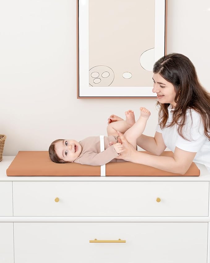 YACODAVO Wipeable Baby Changing Pad for Dresser and Table, Cozy Diaper Changing Pad with Waterproof & Wipe-Clean Leather Cover, Standard Size (31.5" L x 15.8" W), Coffee Color