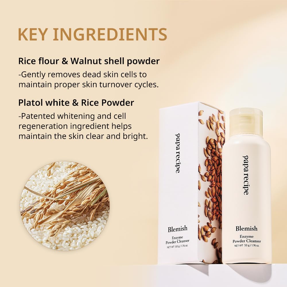 Papa Recipe Blemish Enzyme Powder Rice Cleanser – Gentle Triple Exfoliation with Papain, PHA & Rice Powder – Low pH Korean Skincare Face Wash for Clearer, Radiant Skin