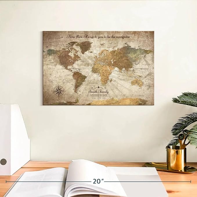 ElephantStock - Personalized Be The Navigator I Push Pin World Map Wall Art - Horizontal Canvas Wall Art - Living Room Wall Decor - Digital Art Map Canvas Art - Brown And Beige Decor - 12" x 8"