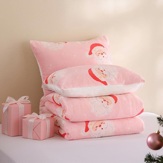 JANZAA Christmas Full Size Comforter Sets, Pink Flannel Comforter with Santa Pattern, Soft Cozy Fleece Bedding Set Fluffy Comforter Set 1 Full Comforter(79"*90") and 2 Pillowcases (20"*26")