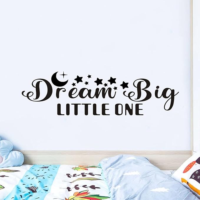 Baby Quotes Wall Stickers for Nursery: Kids Inspirational Positive Moon Stars Vinyl Art Wall Decals - Bedroom Playroom School Wall Decor - Dream Big Little One 25" X 7"