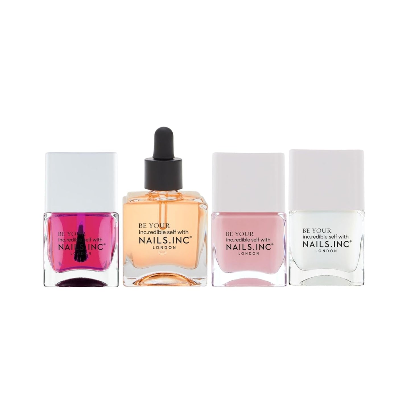 Nails Inc Super Dew Nail Polish Quad, Glow Enhancing Shades, Clean Girl Aesthetic, Fast Drying, Long Lasting, Chip Resistant, Air Dry Manicure, Vitamin C Cuticle Oil, Vegan, Cruelty Free, 4 Piece Set