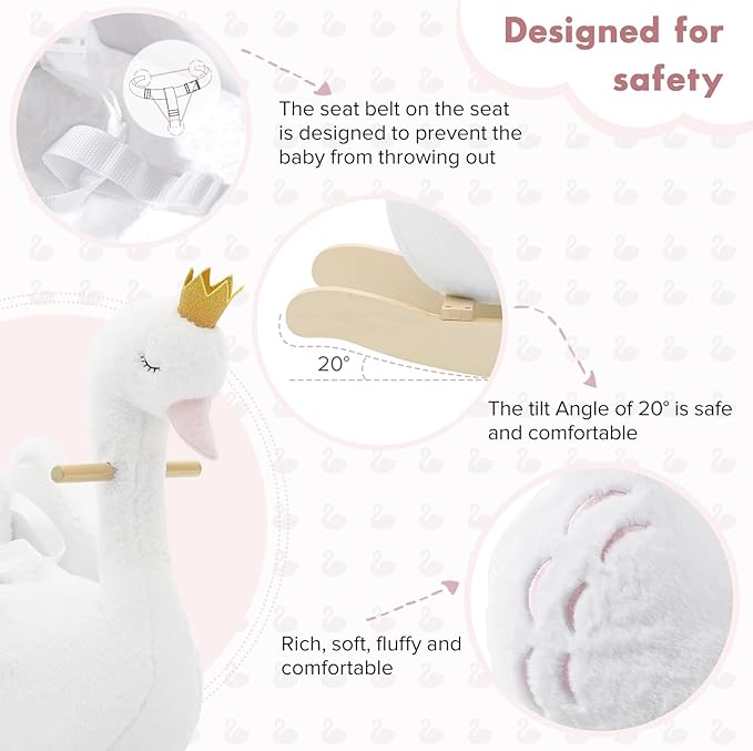 labebe Kids Rocking Horse White Swan, Stuffed Animal Wooden Rocker for Children 6 Months Boys and Girls/Nursery Christmas, Birthday Gift (Rocking Swan)