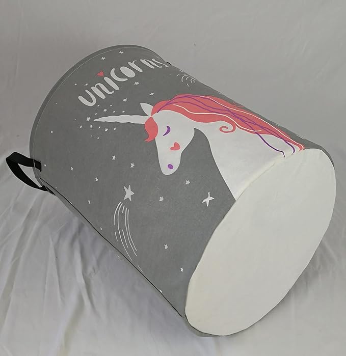 KUNRO Round Laundry Basket Hamper Kids Toys and Clothes Storage Basket Children Gift Basket Baby Toy Organizer Bins for Room Decor (Grey Unicorn)